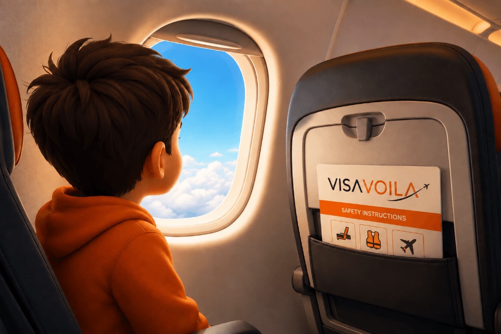 Young traveller holding a passport beside an aeroplane