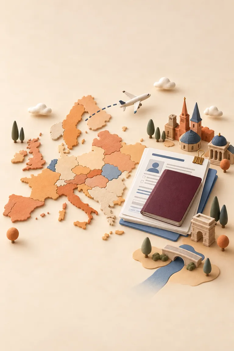 Carte illustrée de l’Europe avec un passeport, des documents de voyage et un itinéraire aérien