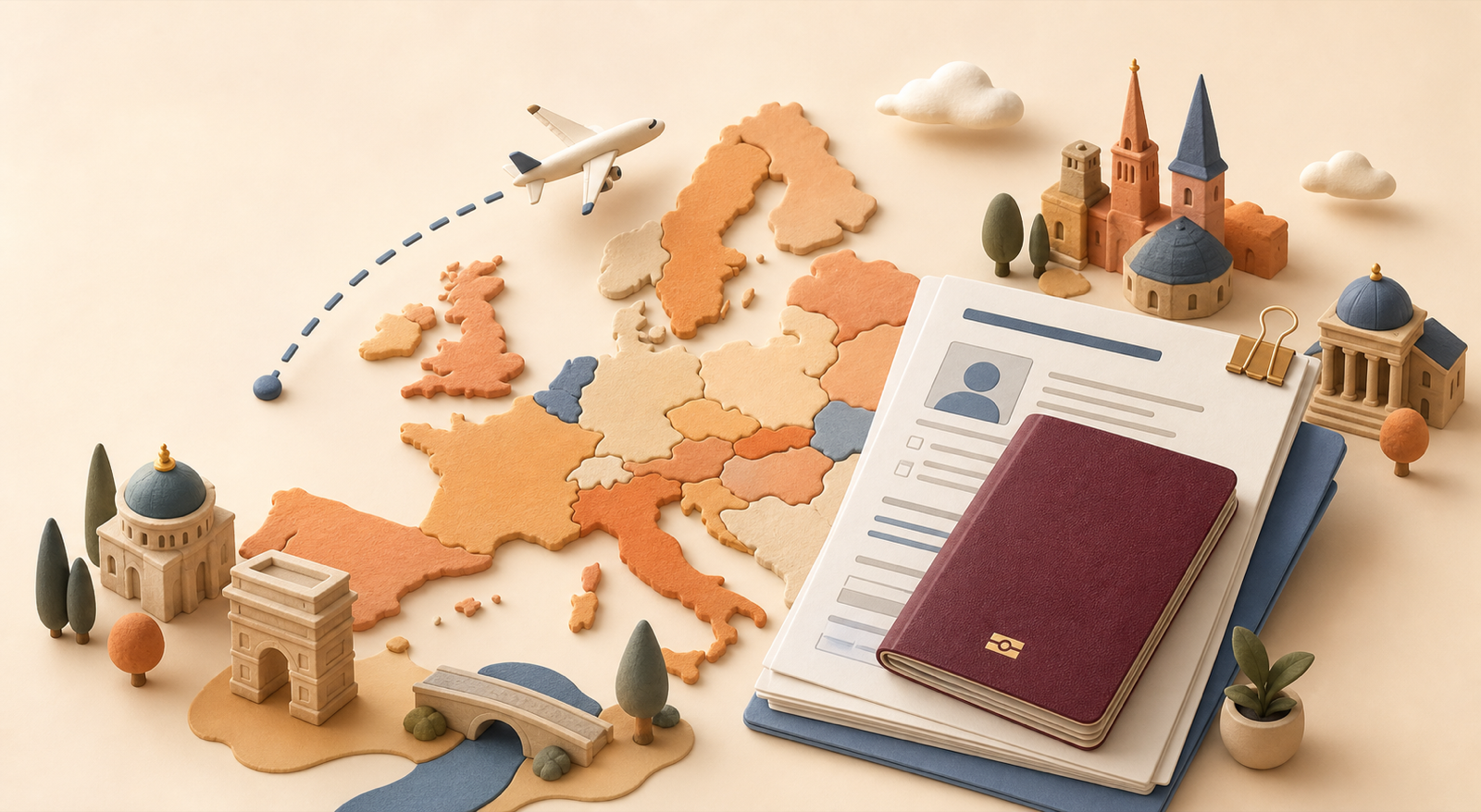 Illustrated European map with a passport, travel documents and an aeroplane route
